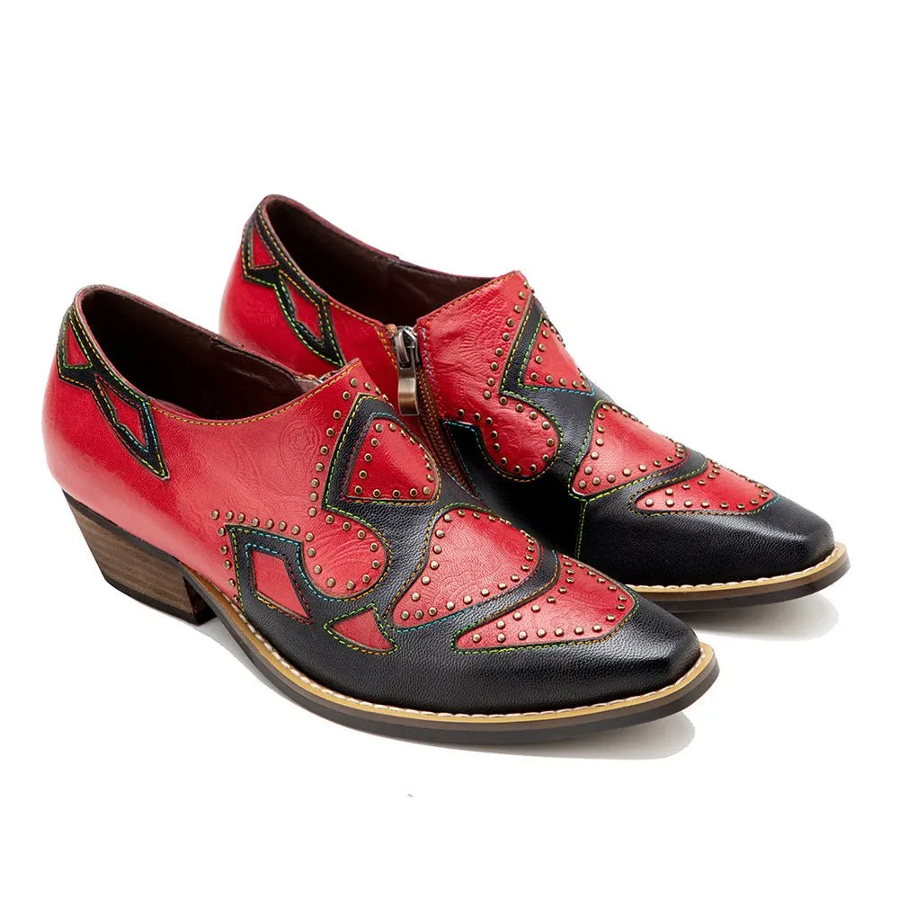 AlliLuxo Thick Heels Patchwork Pointed Toe