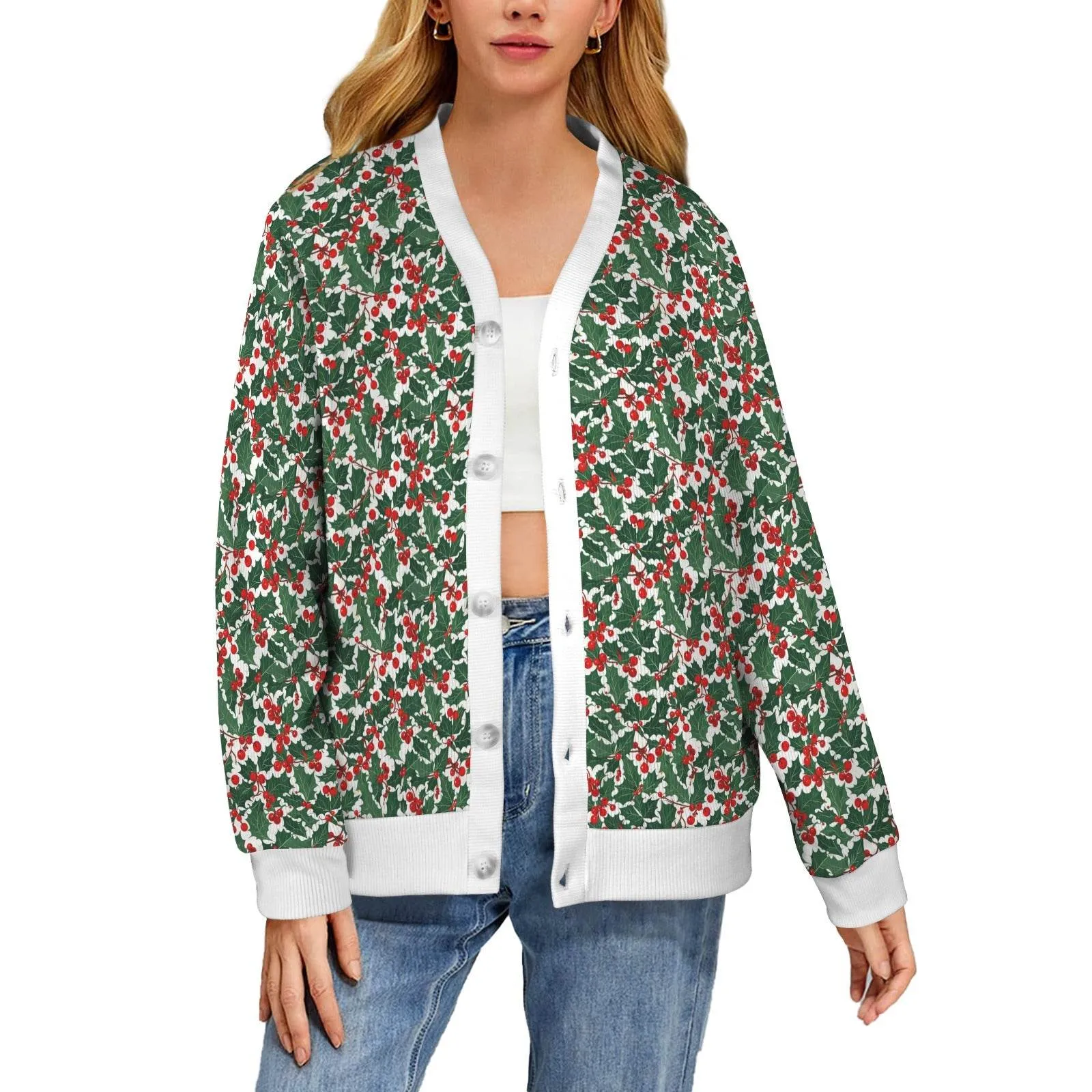 Christmas Holly Women's Cardigan Button Sweater Custom Women's Cardigan (Model H73)