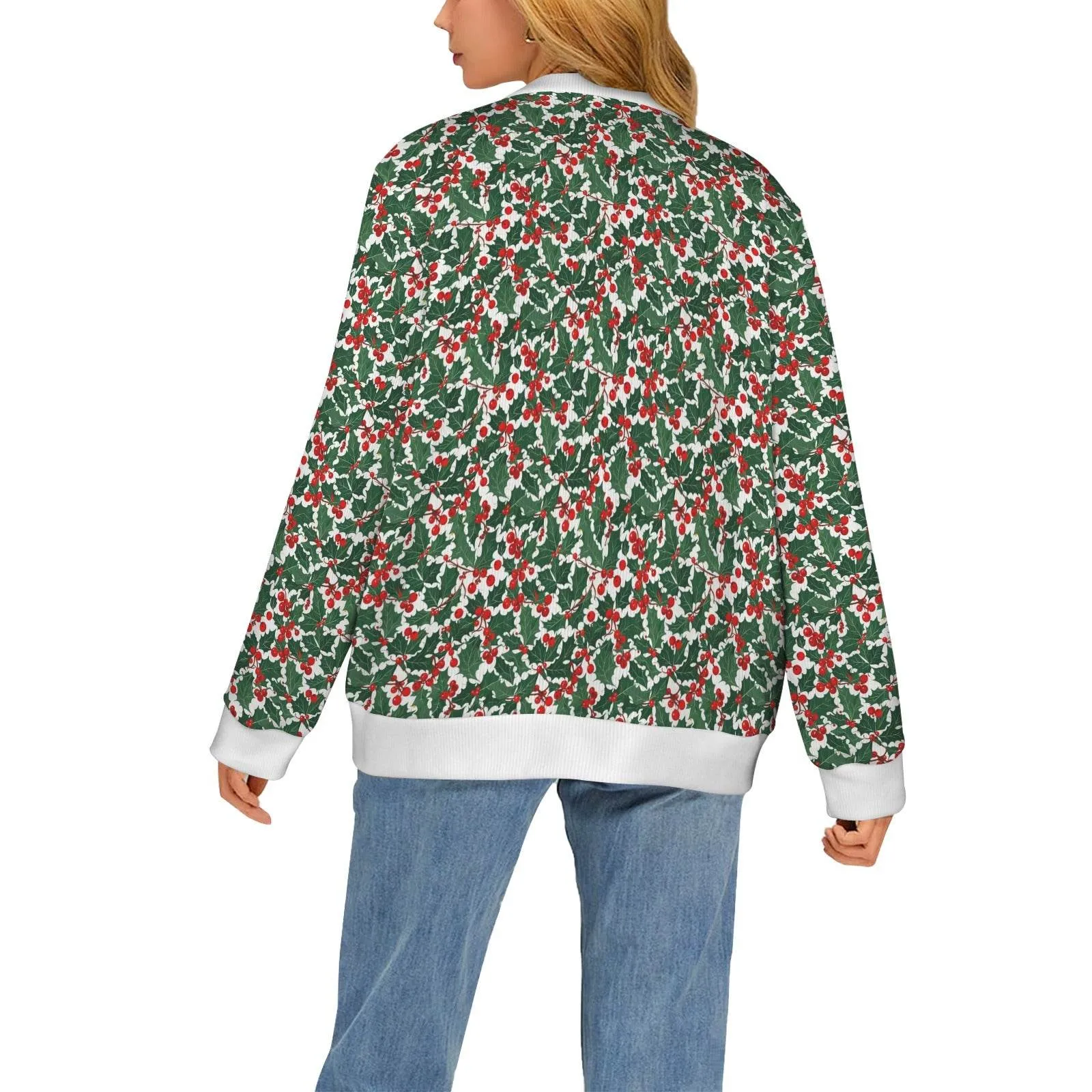 Christmas Holly Women's Cardigan Button Sweater Custom Women's Cardigan (Model H73)