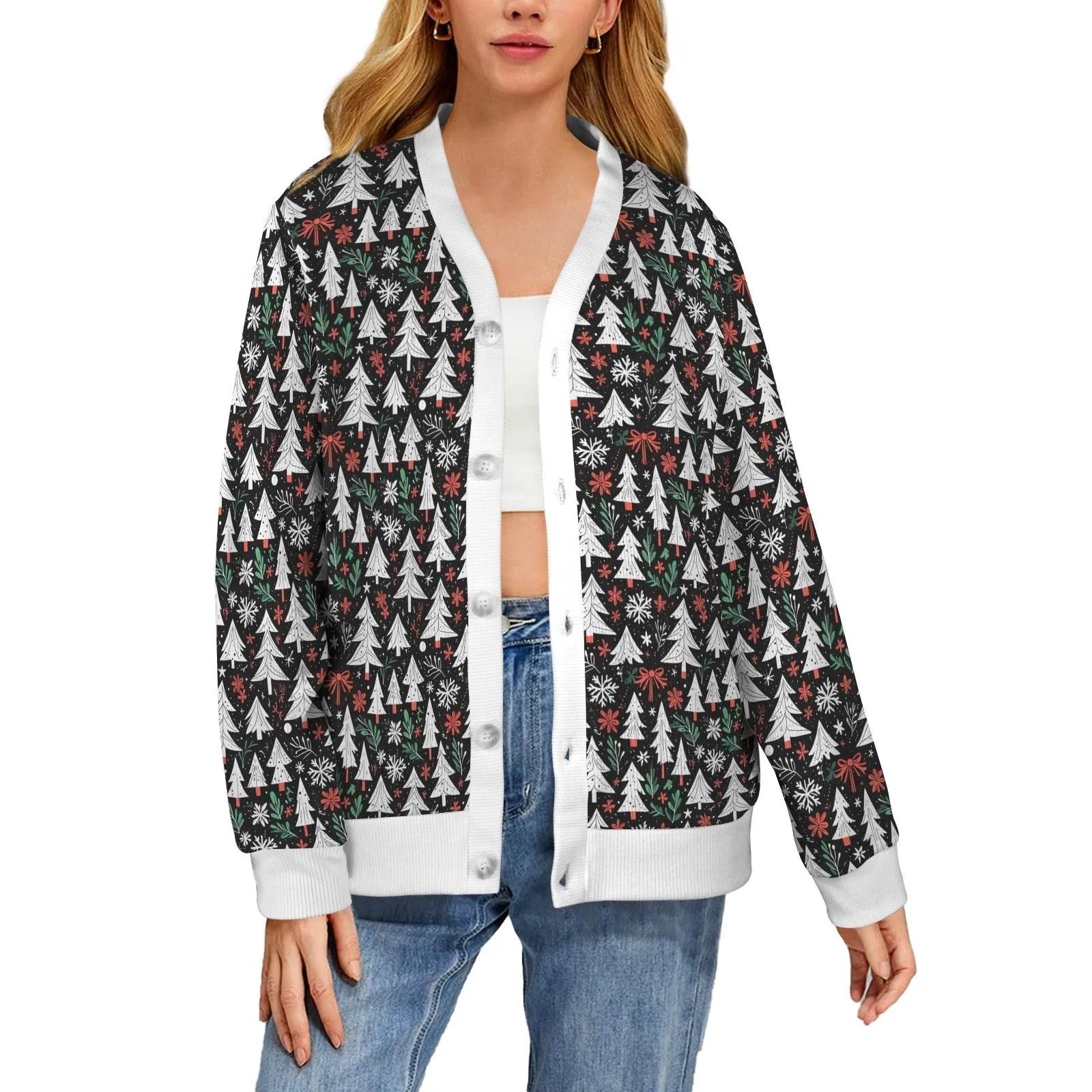 Christmas Tree Women's Cardigan Button Sweater Custom Women's Cardigan (Model H73)