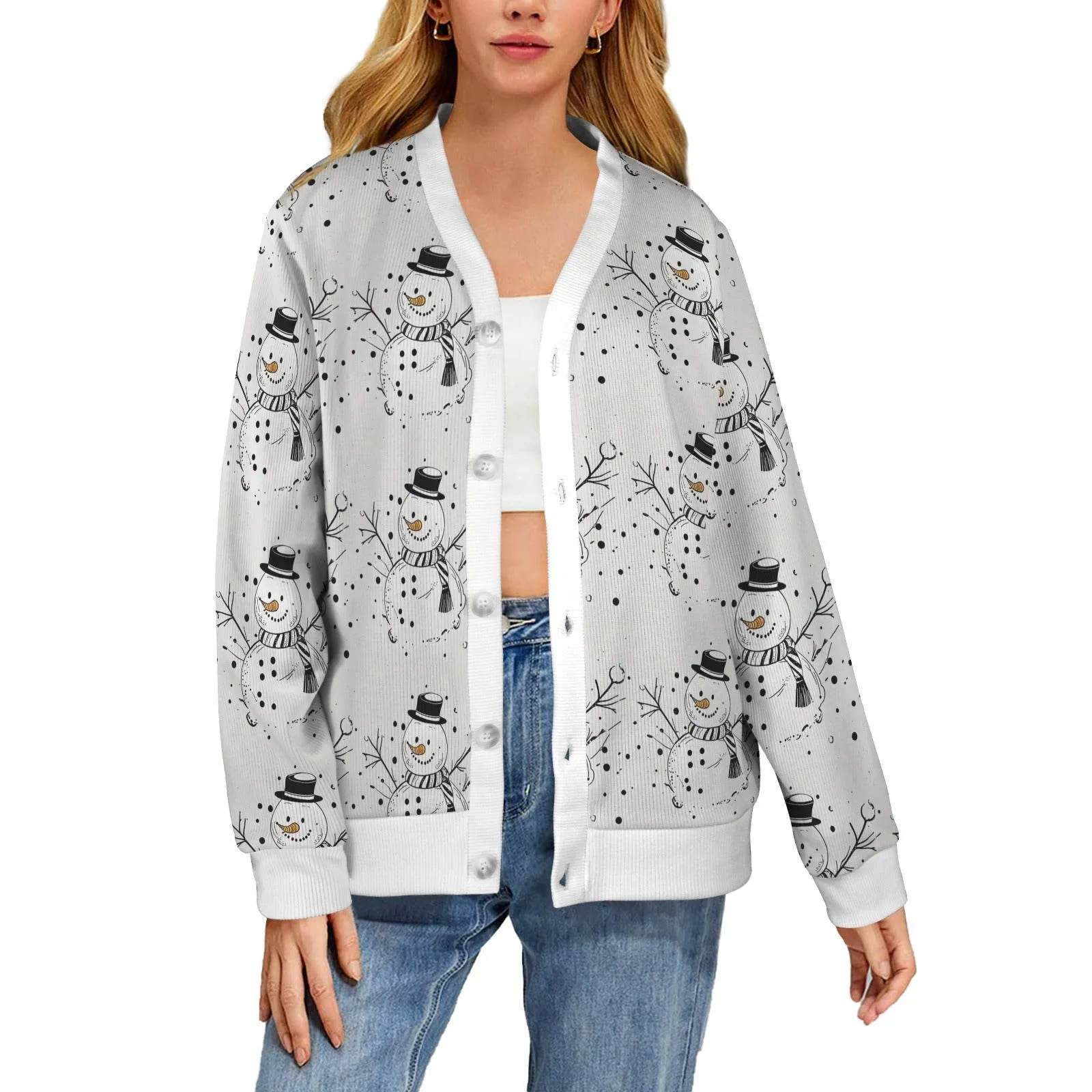 Frosty the Snowman Women's Cardigan Button Sweater Custom Women's Cardigan (Model H73)