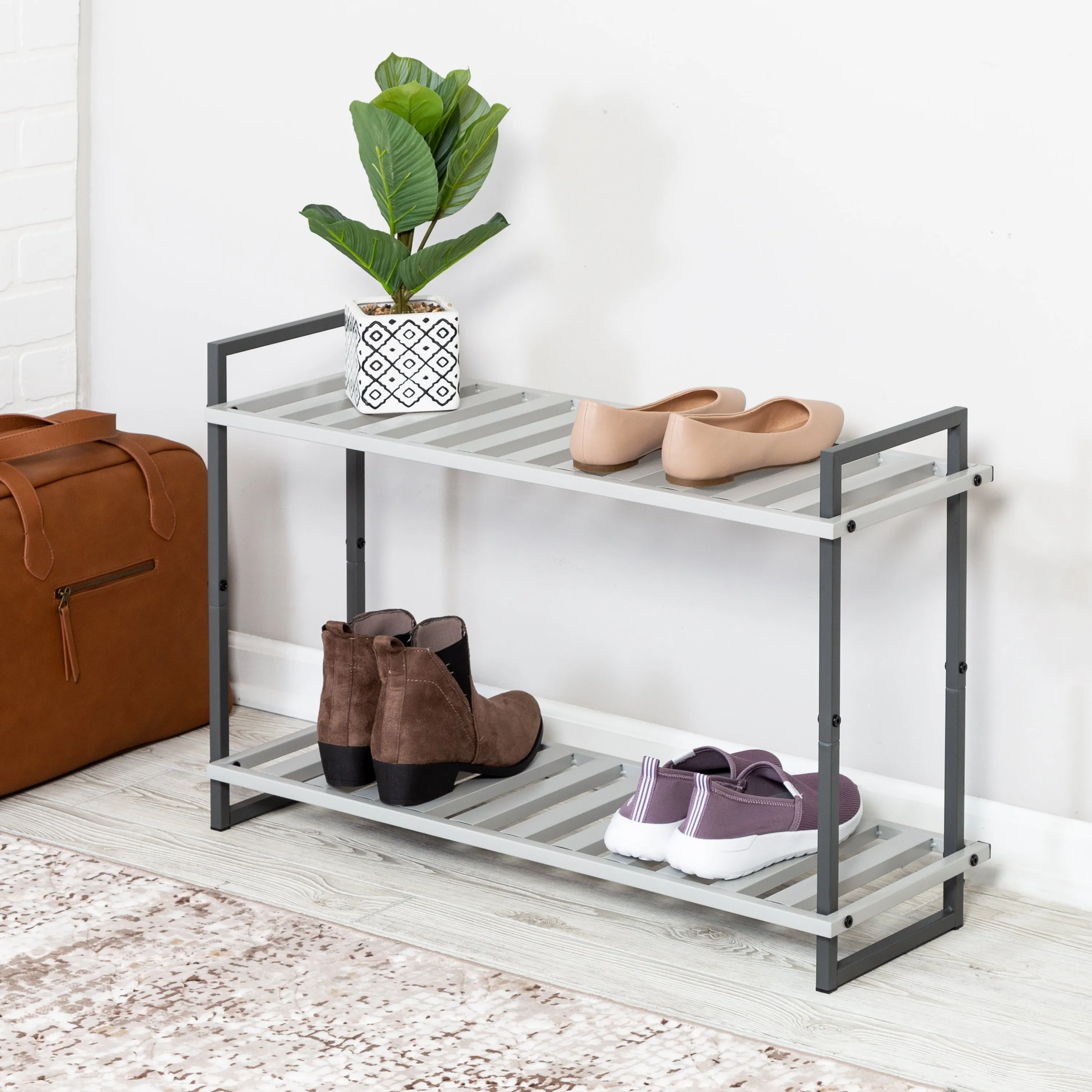 Gray 2-Tier Metal Shoe Rack