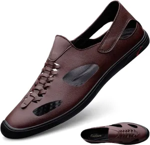 Men's Hollow Genuine Leather Flat Fisherman Sandals Casual Summer Breathable Closed Toe Slip Ons Driving Beach Walking Water Hiking Sandals