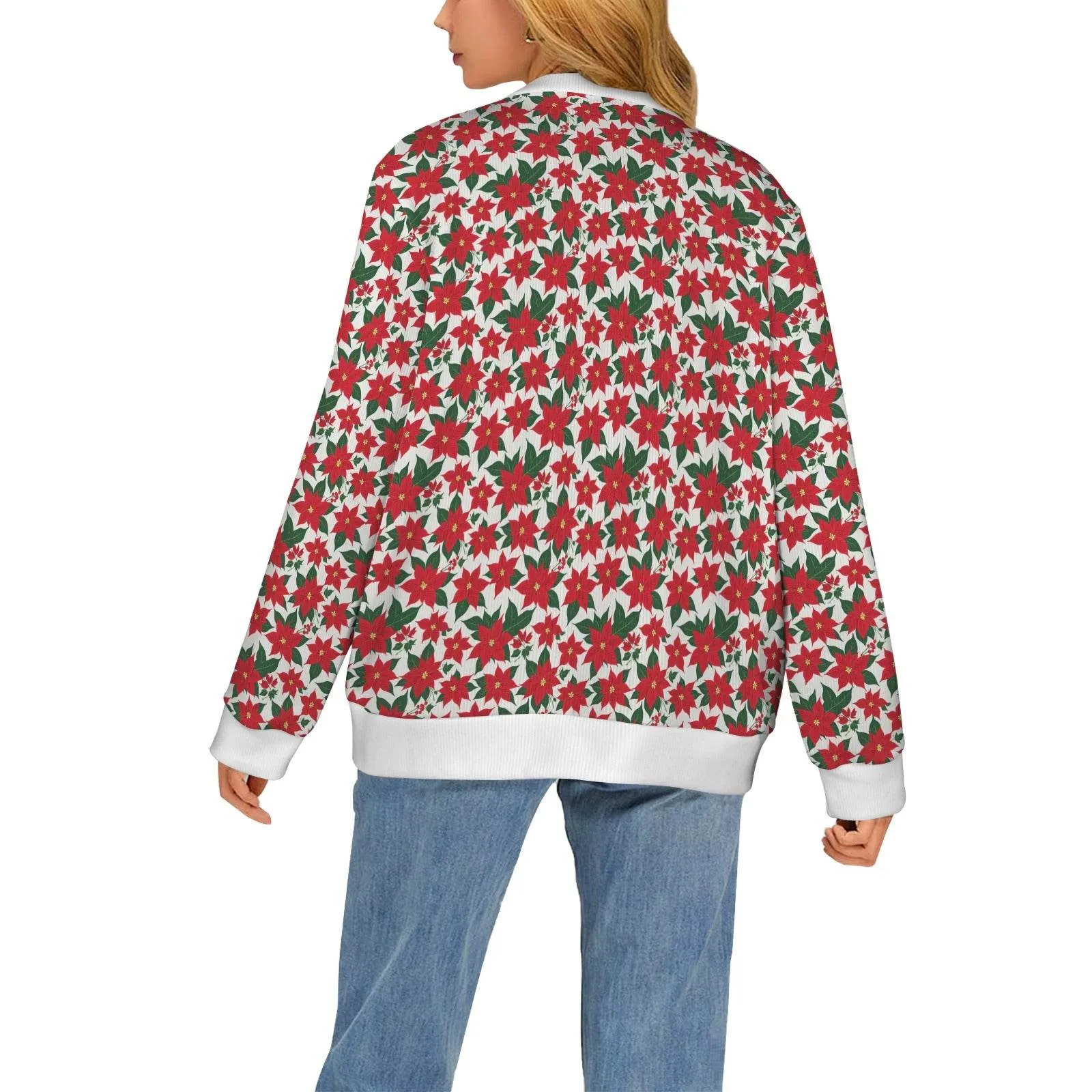 Poinsettia Floral Women's Cardigan Button Sweater Custom Women's Cardigan (Model H73)
