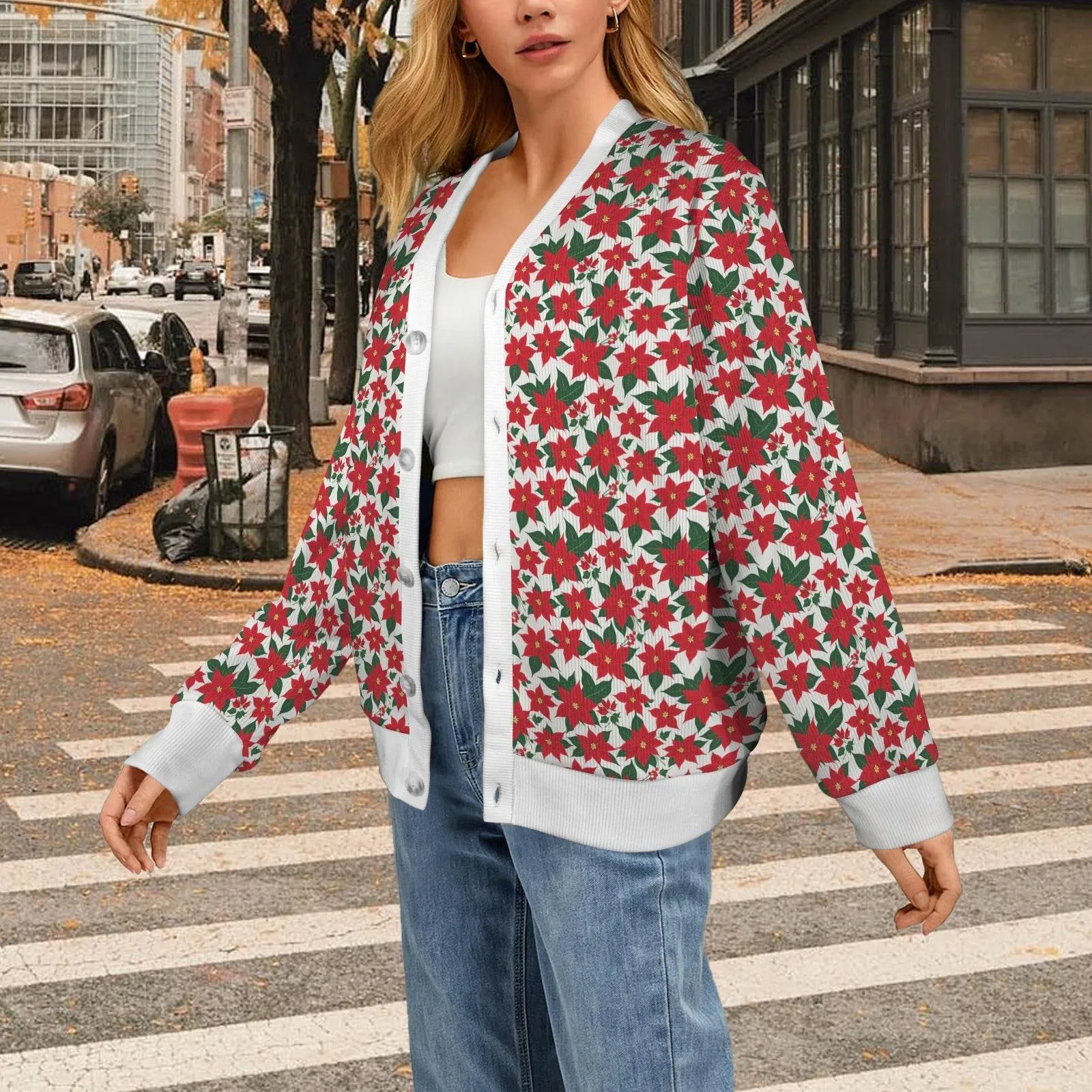 Poinsettia Floral Women's Cardigan Button Sweater Custom Women's Cardigan (Model H73)