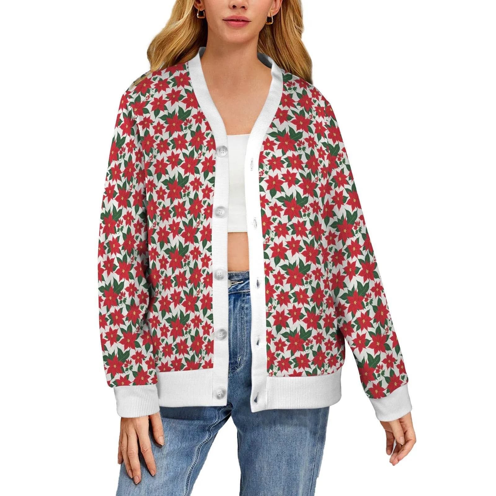 Poinsettia Floral Women's Cardigan Button Sweater Custom Women's Cardigan (Model H73)
