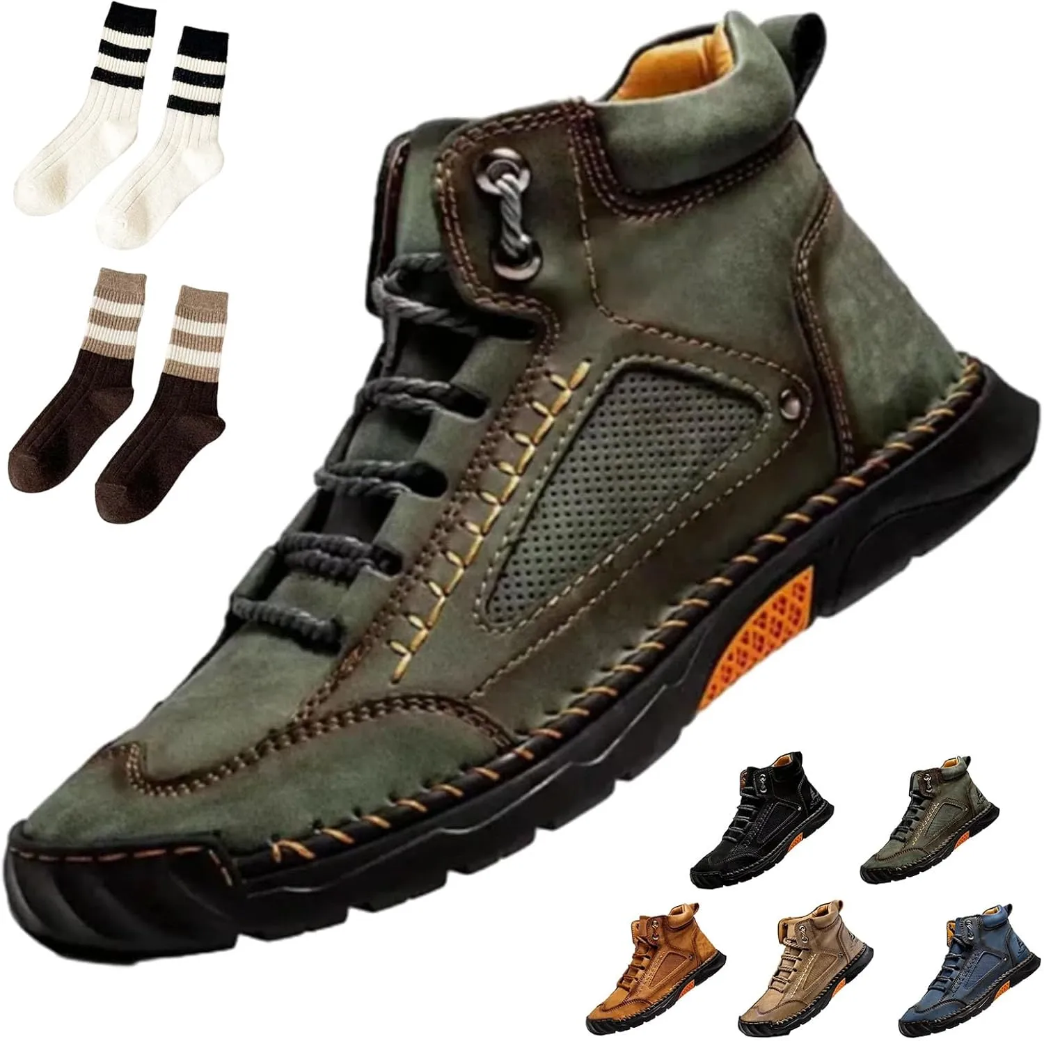 Sawbehind Mens Boots, Sawbehind Men's Comfortable Handmade Leather Boots, Waterproof, Non-slip, Arch Support (Green,9)