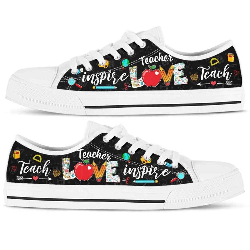 School Teacher Apple Teach Love Inspire Low Top Shoes, Teacher Shoes, Low Top Sneakers