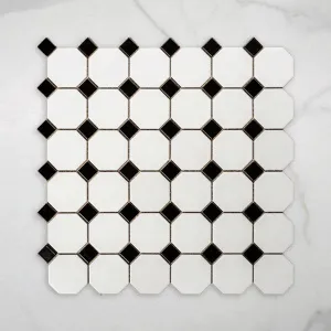 St Kilda Matt White Octagon with Black Dot Porcelain Period Mosaic Tile 97x97mm