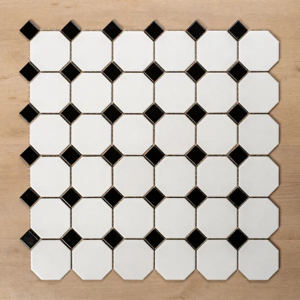 St Kilda Matt White Octagon with Black Dot Porcelain Period Mosaic Tile 97x97mm