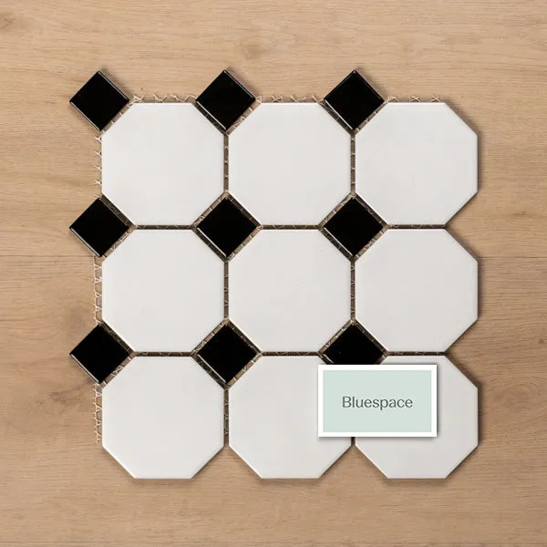 St Kilda Matt White Octagon with Black Dot Porcelain Period Mosaic Tile 97x97mm