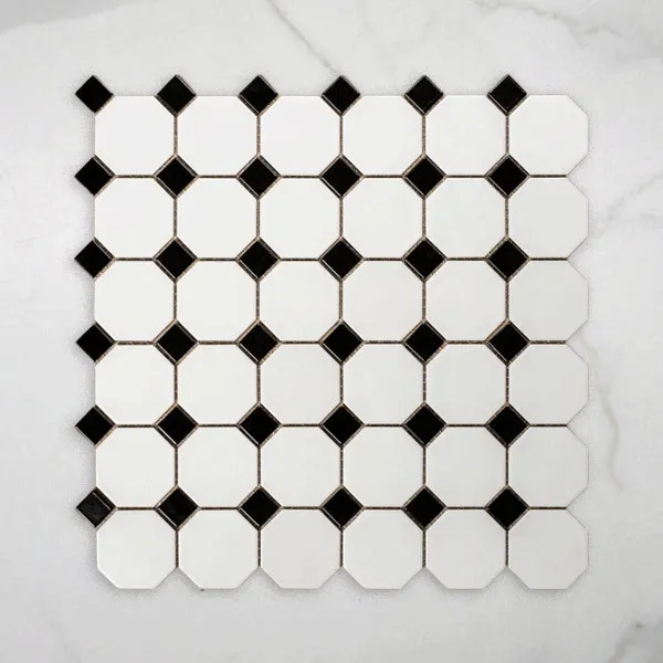 St Kilda Matt White Octagon with Black Dot Porcelain Period Mosaic Tile 97x97mm