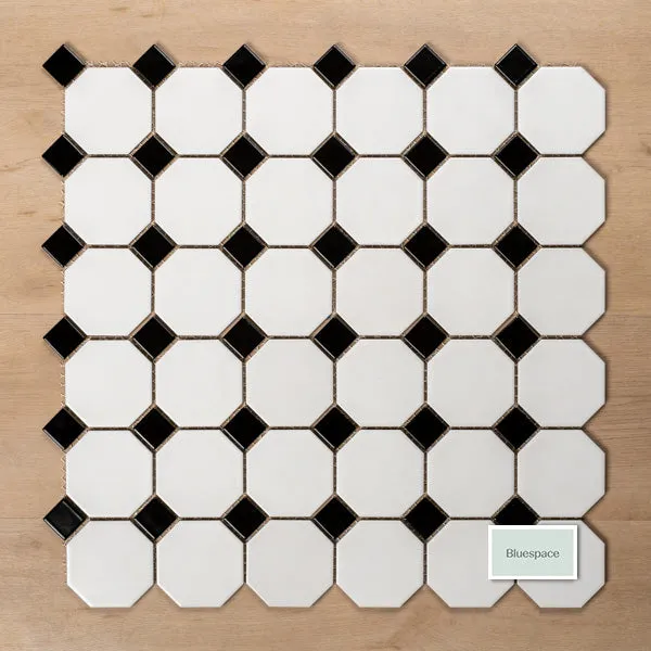 St Kilda Matt White Octagon with Black Dot Porcelain Period Mosaic Tile 97x97mm