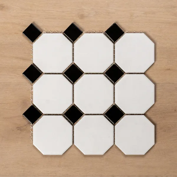 St Kilda Matt White Octagon with Black Dot Porcelain Period Mosaic Tile 97x97mm