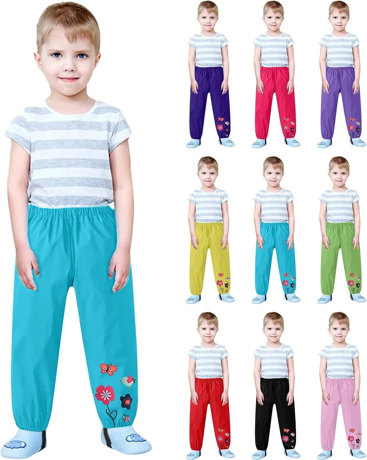 Toddler Waterproof Rain Pants Baby Boys Girls Lightweight Reusable Mud Dirty Proof Rain Pants Cute Butterfly Flower