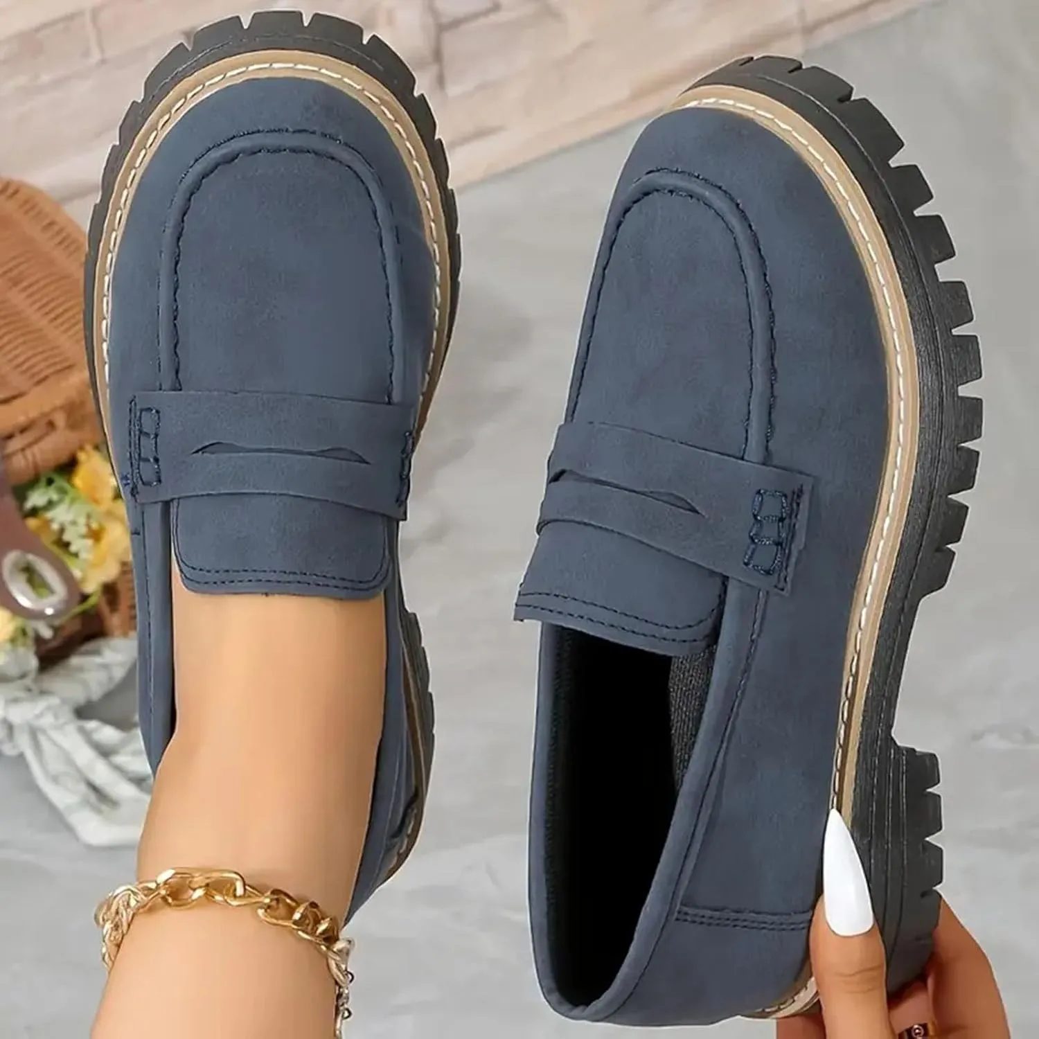 Womens Loafers Platform Chunky Penny Loafer Lug Sole Comfortable Slip On Work Office Business Orthopedic Casual Dressy Shoes Arch Support Round Toe Walking Shoe for Daily Wear