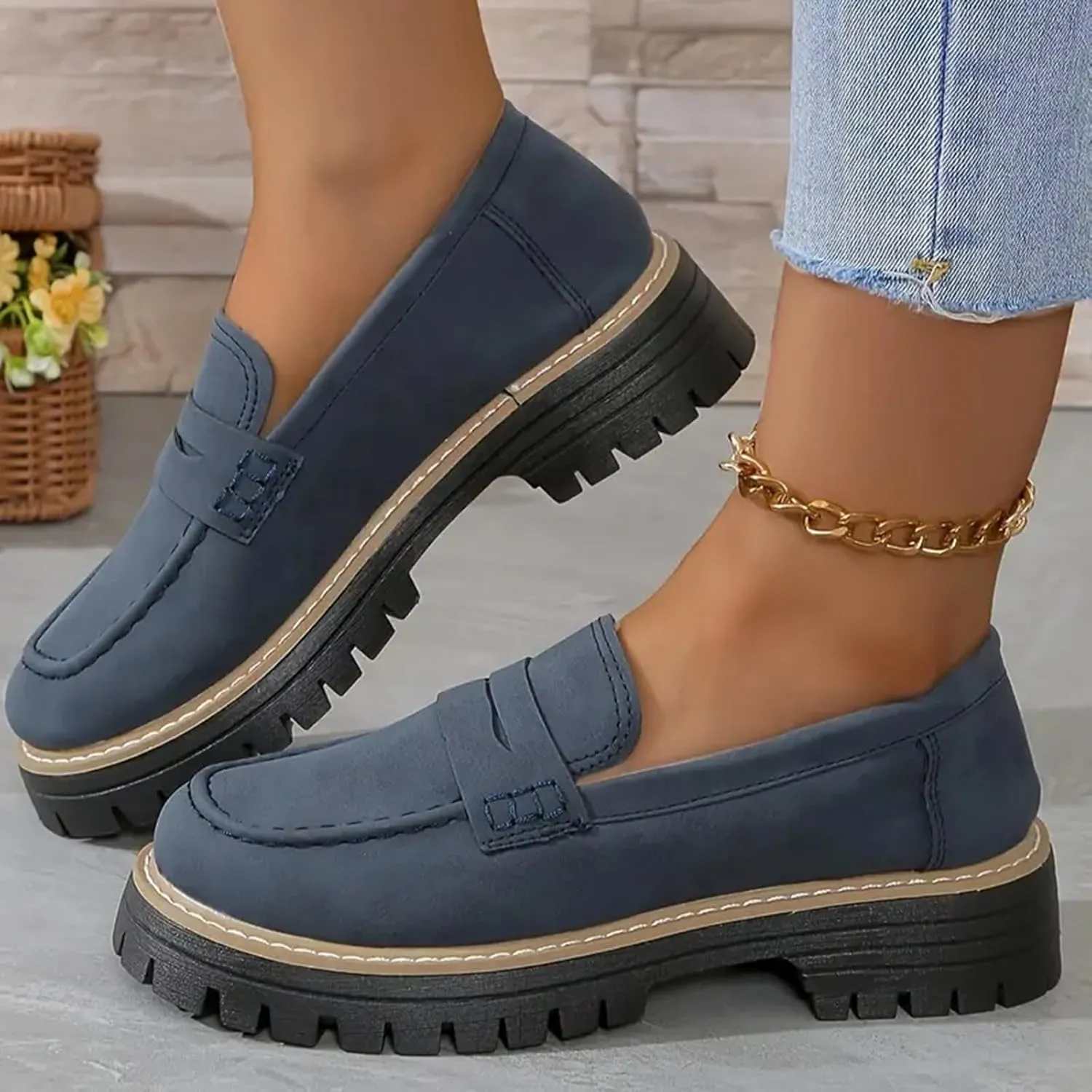 Womens Loafers Platform Chunky Penny Loafer Lug Sole Comfortable Slip On Work Office Business Orthopedic Casual Dressy Shoes Arch Support Round Toe Walking Shoe for Daily Wear
